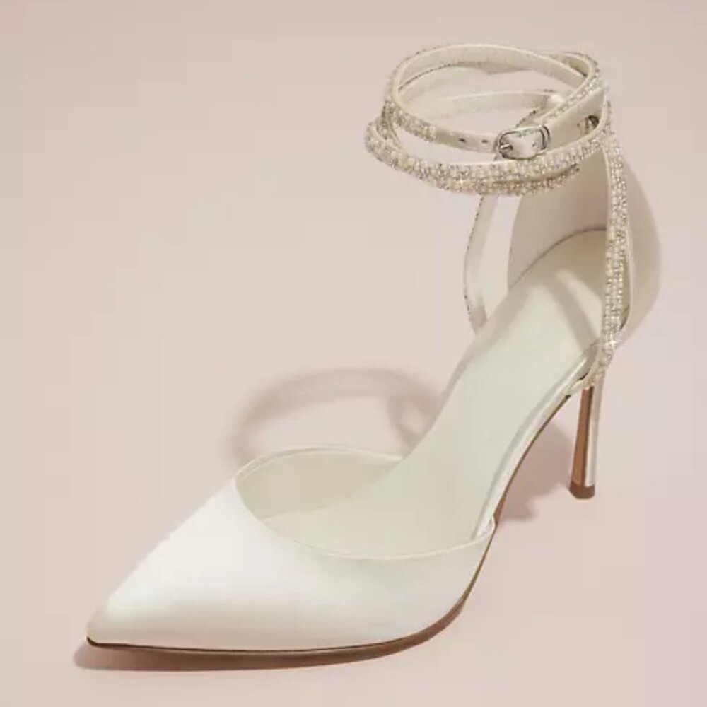 Pearl and Crystal Ankle-Wrap Satin Wedding Pumps